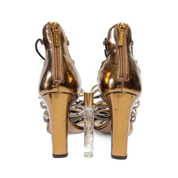 Jimmy Choo Diamond 100 Gold Black Leather Size 36 EU 6 US Strappy Sandals - Picture 3 of 12